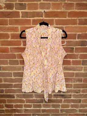 Nanette Lepore Pink & Yellow Floral Tie-Neck Sleeveless Blouse